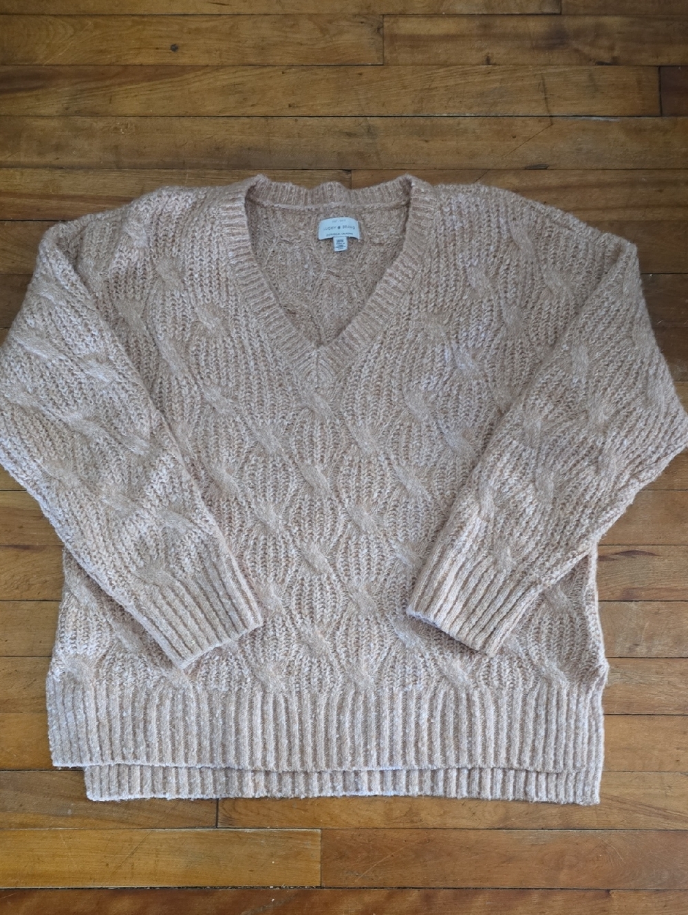 Lucky Brand Women's V-Neck Cable Knit Sweater - Pink Beige